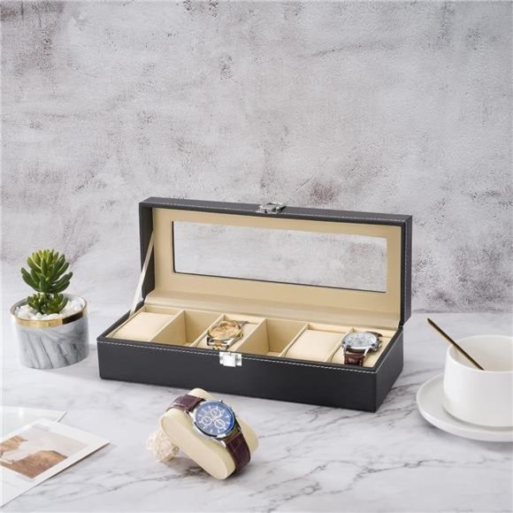 NEW -  Leather Watch Box Display Case &Jewelry Organizer with Glass Top - Picture 3 of 6